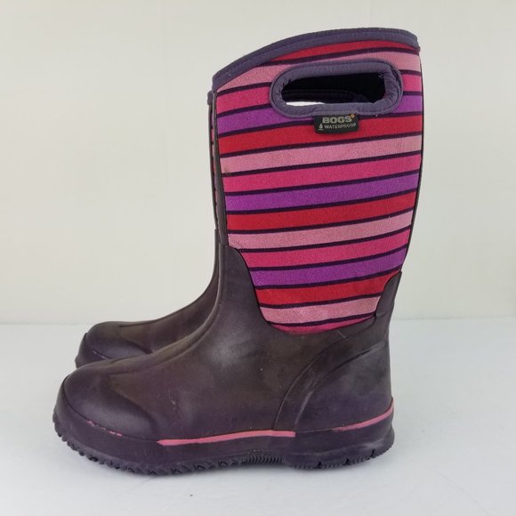 BOGS Girls Youth Sz 3 Purple Striped Winter Rain Snow Boots Insulated Waterproof - Picture 1 of 11